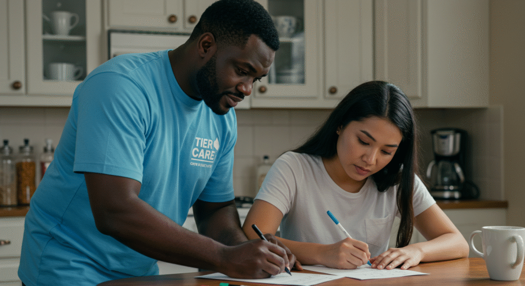 Tier One Care professional in light blue uniform assisting client with care plan documentation in a modern kitchen setting, demonstrating personalized care assessment services.