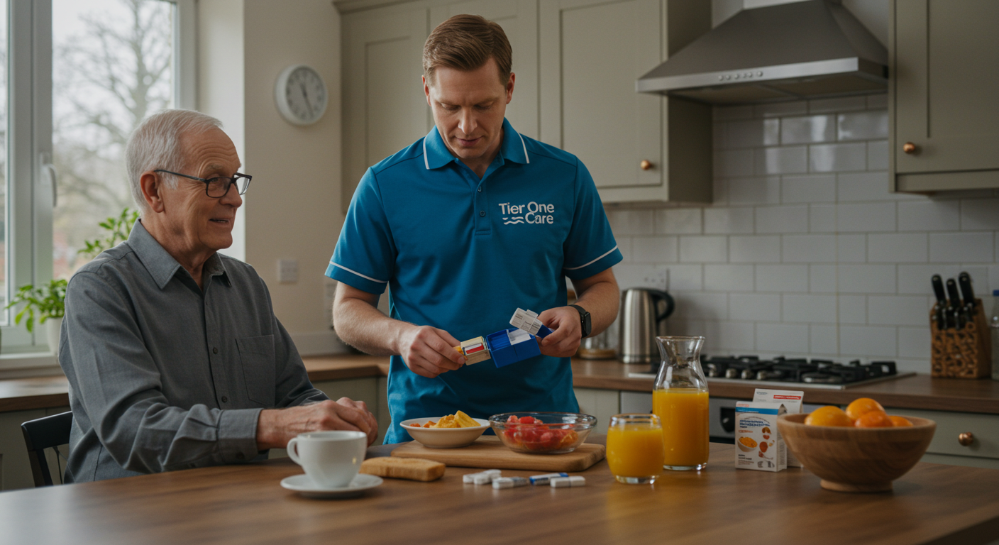 Carer preparing medication and meals for elderly man