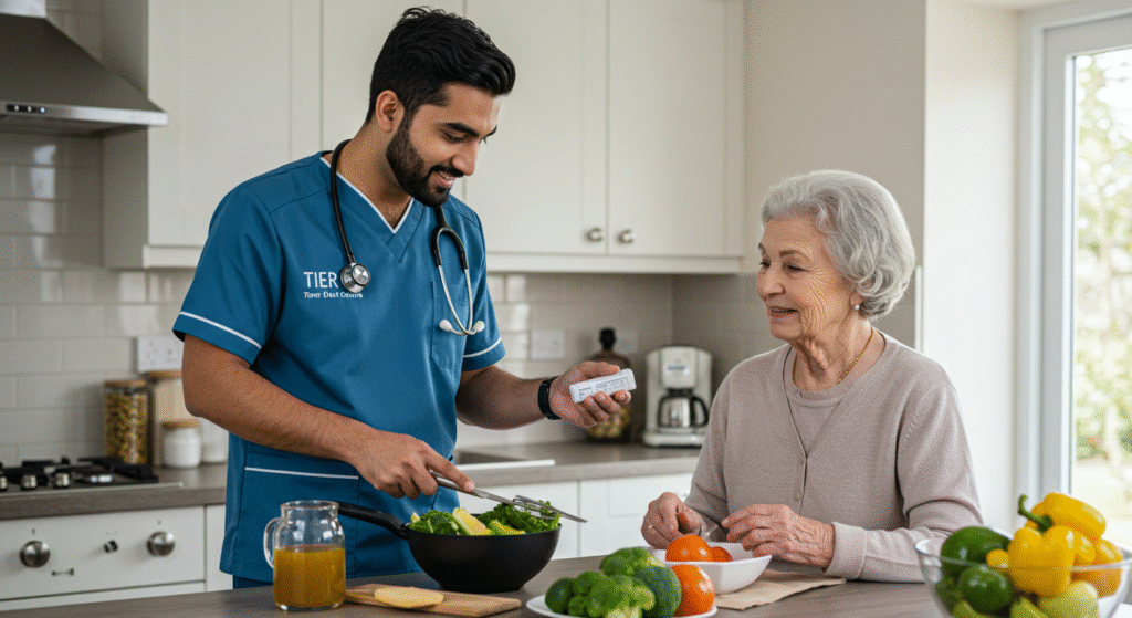 Pak Asian male nurse in a blue Tier One Care uniform preparing a healthy meal and assisting an elderly woman with medication in a modern kitchen, illustrating holistic medical and daily living support at home.