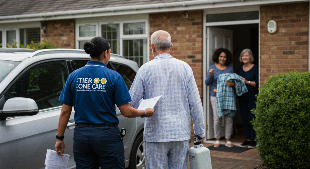 Emergency home health care professional assisting an elderly man outside his house, while family members watch from the doorway.