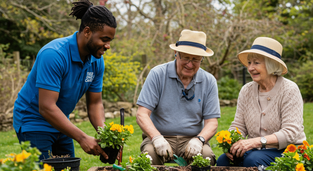 Male carer in a blue polo shirt gardening outdoors with an elderly couple, helping them plant yellow flowers in raised beds on a sunny day.