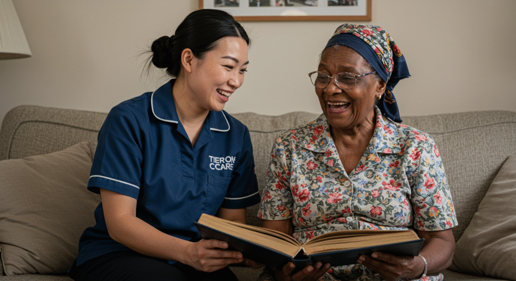 Care worker in a blue uniform sitting on a sofa with an elderly woman, looking through a large photo album together in a cozy living room.