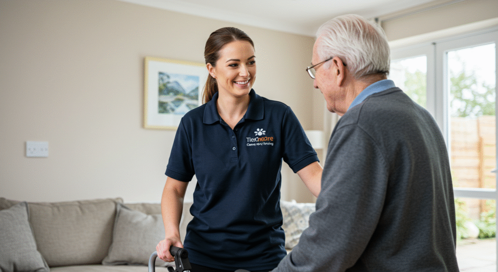 Female carer in a navy uniform assisting an elderly man with a walker in a comfortable living room, highlighting mobility assistance and tailored care at home