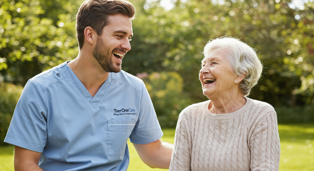 Male caregiver in a blue uniform offering support and companionship to an elderly woman in a garden, illustrating one-to-one live-in care and emotional support.