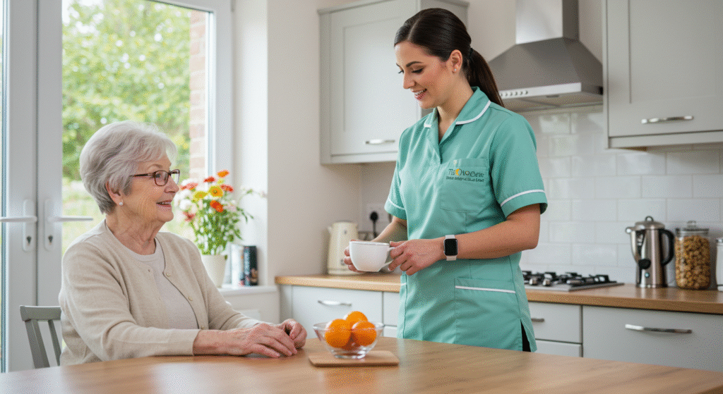 Female caregiver in a green uniform providing tea to an elderly woman at home, representing personalized live-in care services by Tier One Care.