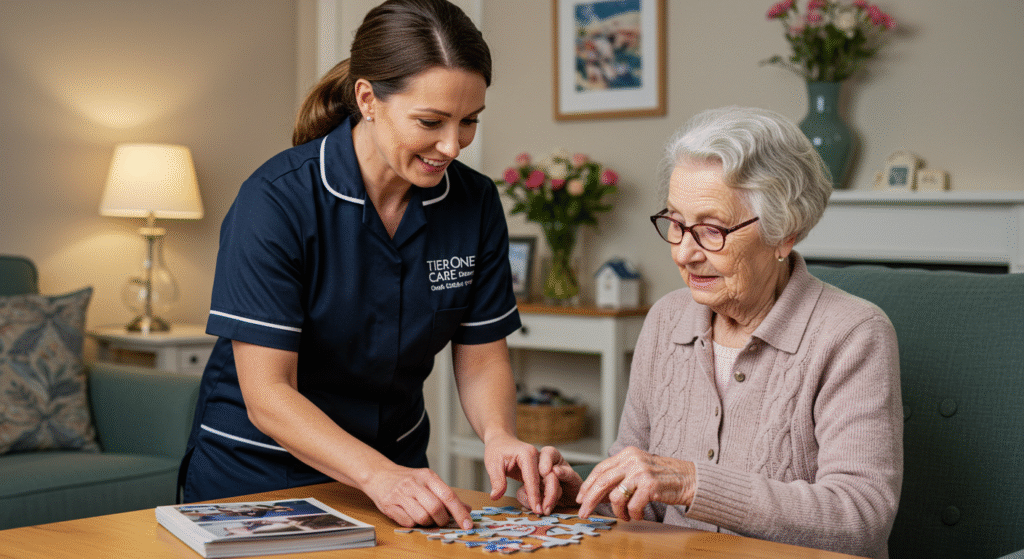 A Tier One Care carer helping an elderly woman complete a jigsaw puzzle at a living room table, promoting cognitive stimulation and companionship.