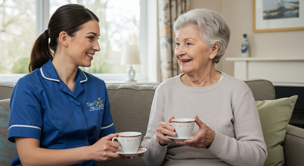 A Tier One Care carer and an elderly woman sitting together on a sofa, enjoying tea and friendly conversation in a bright, comfortable living room.