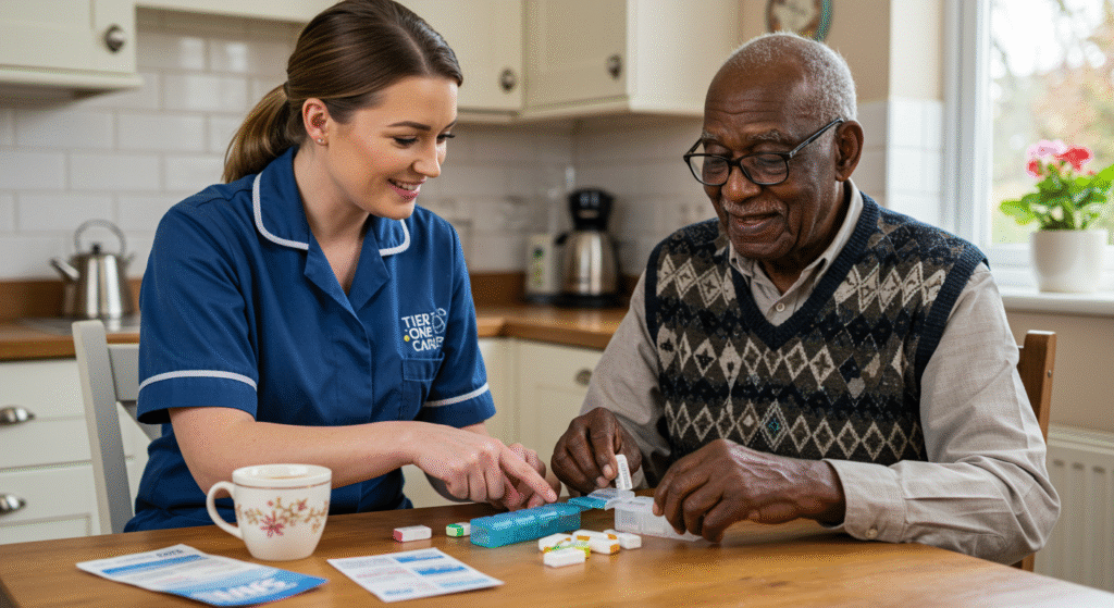 Female carer in a blue uniform helping an elderly man organize and take his daily medication at a kitchen table, with a cup of tea and NHS leaflets nearby.