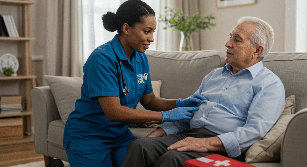 Carer providing medical assistance to an elderly man at home, offering compassionate emergency care and support.