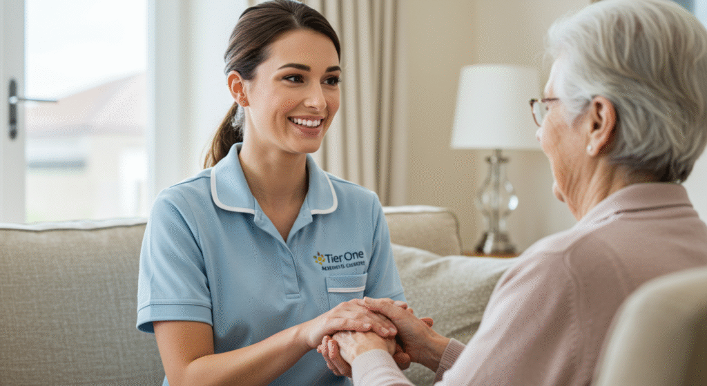 Tier One Care live in care friend holding hands with an elderly woman on a sofa, offering personalized companionship and emotional reassurance at home