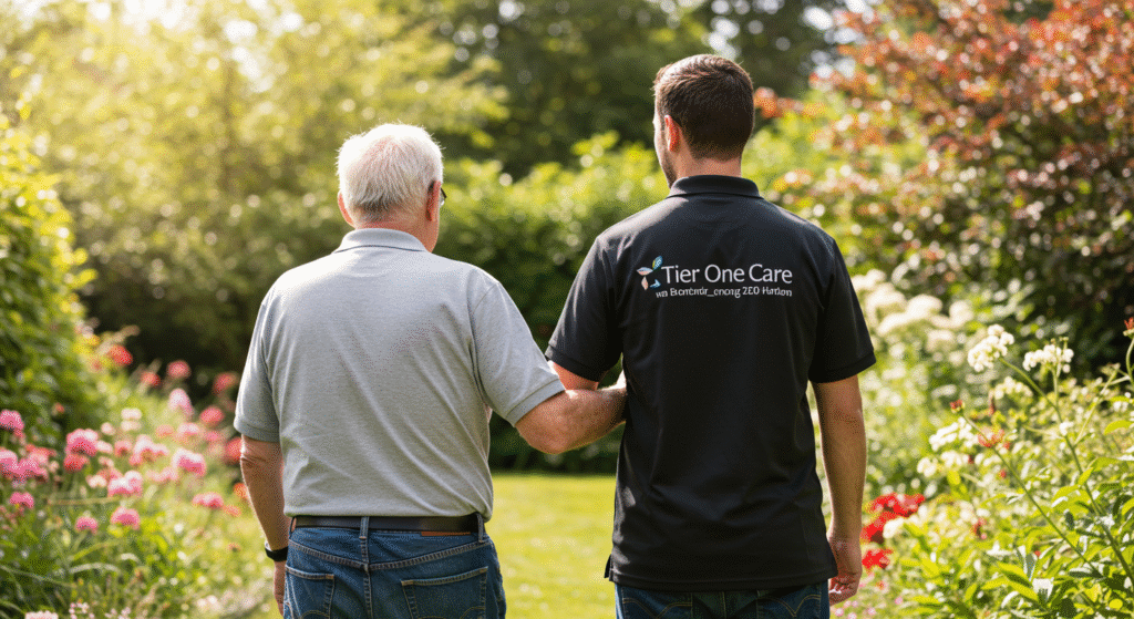 Elderly man enjoying a walk in the garden with a Tier One Care live in care friend, demonstrating support for independence, mobility, and well-being