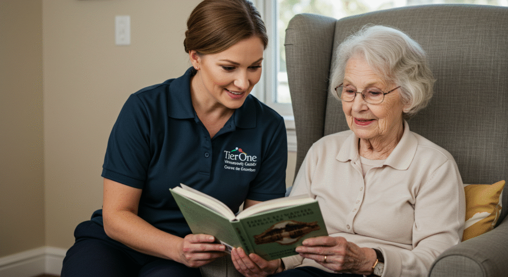 Tier One Care live in care friend reading a book with an elderly woman, providing companionship and emotional support in a comfortable home setting