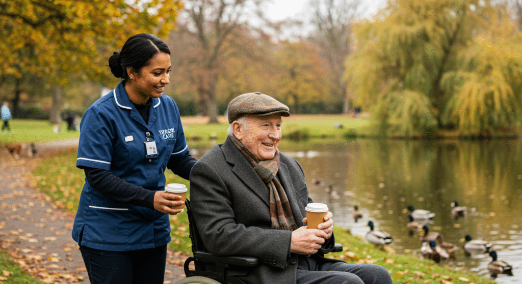 Care worker in a blue uniform assisting an elderly man in a wheelchair by a scenic pond in a park, both holding takeaway coffee cups and enjoying the outdoors.
