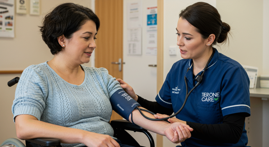 Nurse measuring blood pressure of a woman in a wheelchair, ensuring her health and safety during a home care visit.
