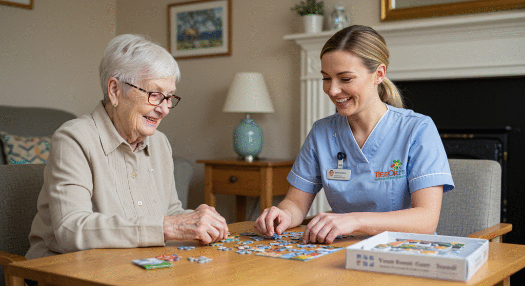 Tier One Care carer assisting an elderly person with a puzzle in a bright, comfortable home, showcasing personalized 1-to-1 live-in care.