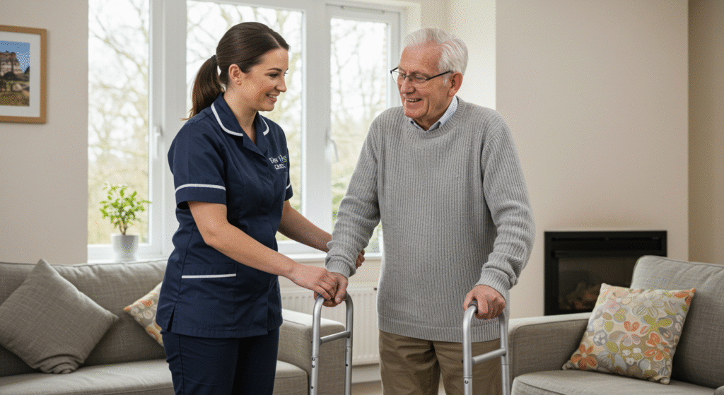 Tier One Care live-in caregiver supporting an elderly man on a garden walk, representing independence, mobility assistance, and emotional connection.