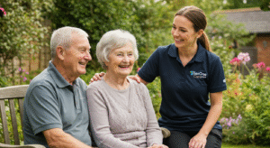 Smiling English elderly couple sitting on a garden bench with a female Tierone Care carer standing beside them in uniform.