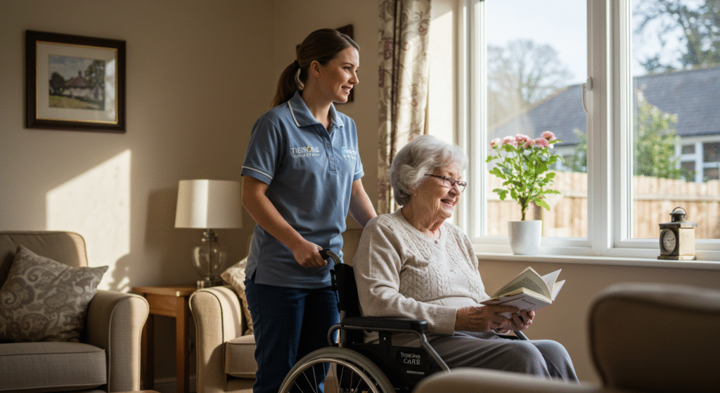 Female Tierone Care carer assisting an elderly woman in a wheelchair near a bright window inside a home.