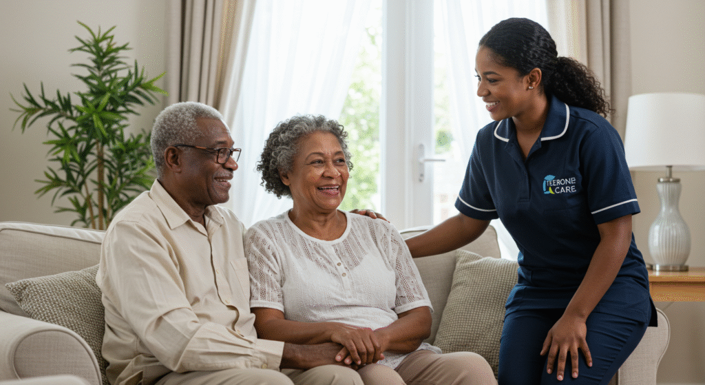 Black elderly couple sitting comfortably at home, engaged in conversation with a caring Black Tierone Care professional in uniform.