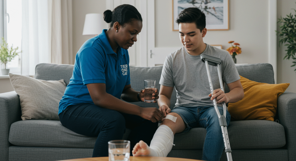 Carer assisting a young man with a leg injury at home, providing support and comfort during recovery.
