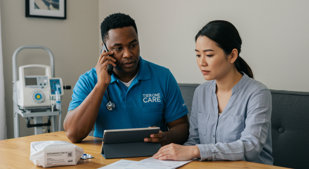 Male healthcare professional in a "Tier One Care" uniform providing emergency home care support, sitting at a table with a woman, using a tablet and phone for crisis coordination, with medical equipment visible in the background.